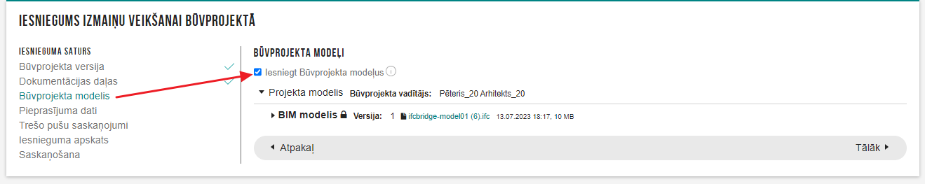 Attēls. Būvprojekta modeļa piesaistīšanas ievades solis iesniegumā.