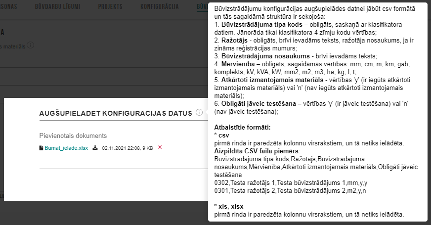 Attēls. Būvizstrādājumu konfigurācijas augšupielādes logs.