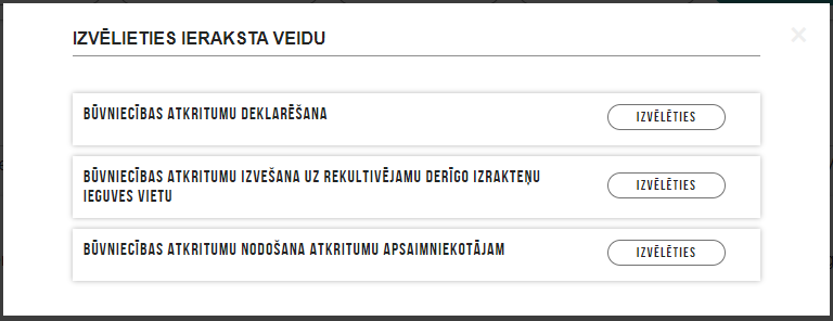 Attēls. Jauna ieraksta veida izvēle sadaļā “Būvniecības atkritumi”.