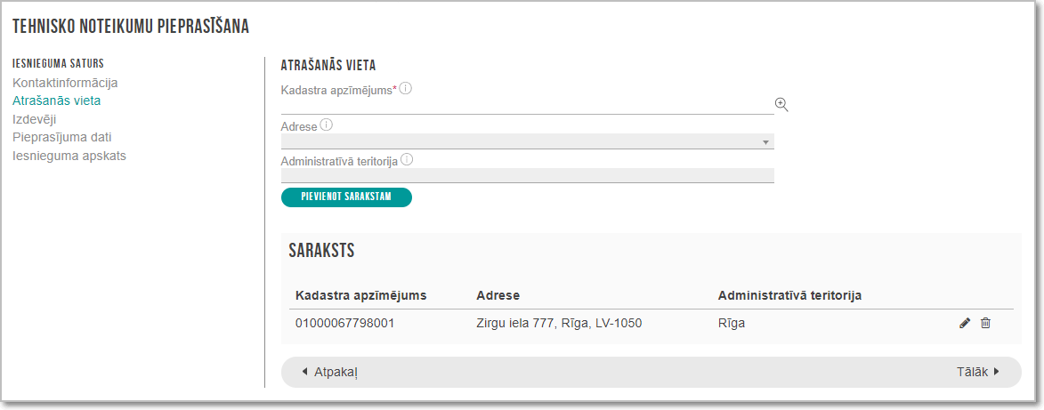 Attēls. Tehnisko noteikumu pieprasīšana bez būvniecības lietas – solis %22Atrašanās vieta%22.