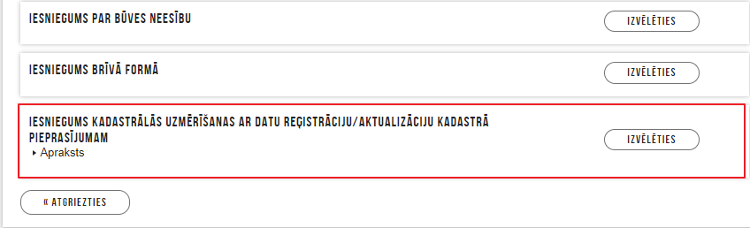 Attēls. Iesniegums kadastrālās uzmērīšanas ar datu reģistrāciju/aktualizāciju Kadastrā pieprasījumam.