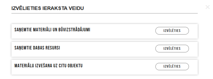 Attēls. Materiālu un būvizstrādājumu ieraksta pievienošanas izvēle.