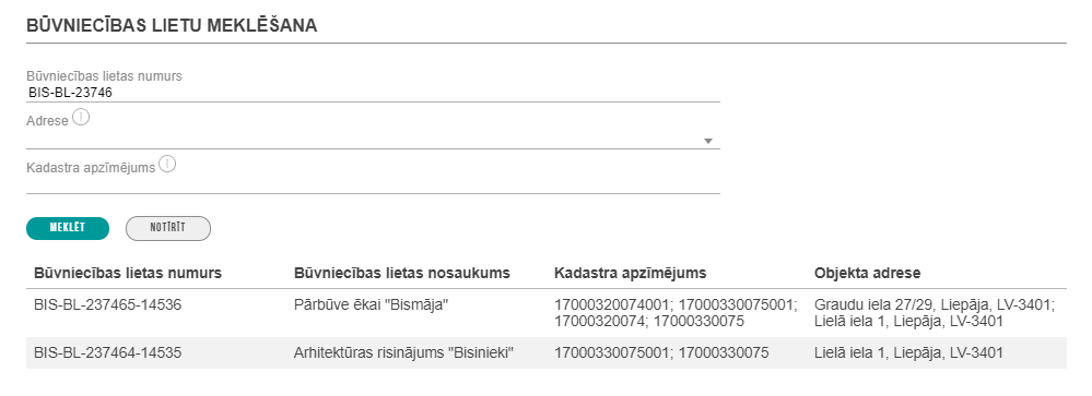 Attēls. Jauna piekļuves pieprasījuma būvniecības lietu meklēšana