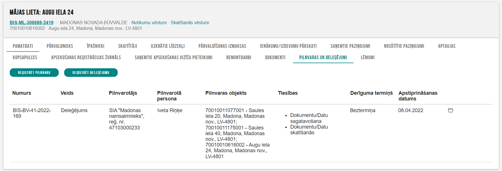 Attēls. Pilnvaru un deleģējumu reģistrēšanas opcijas %22Māju lietā%22.