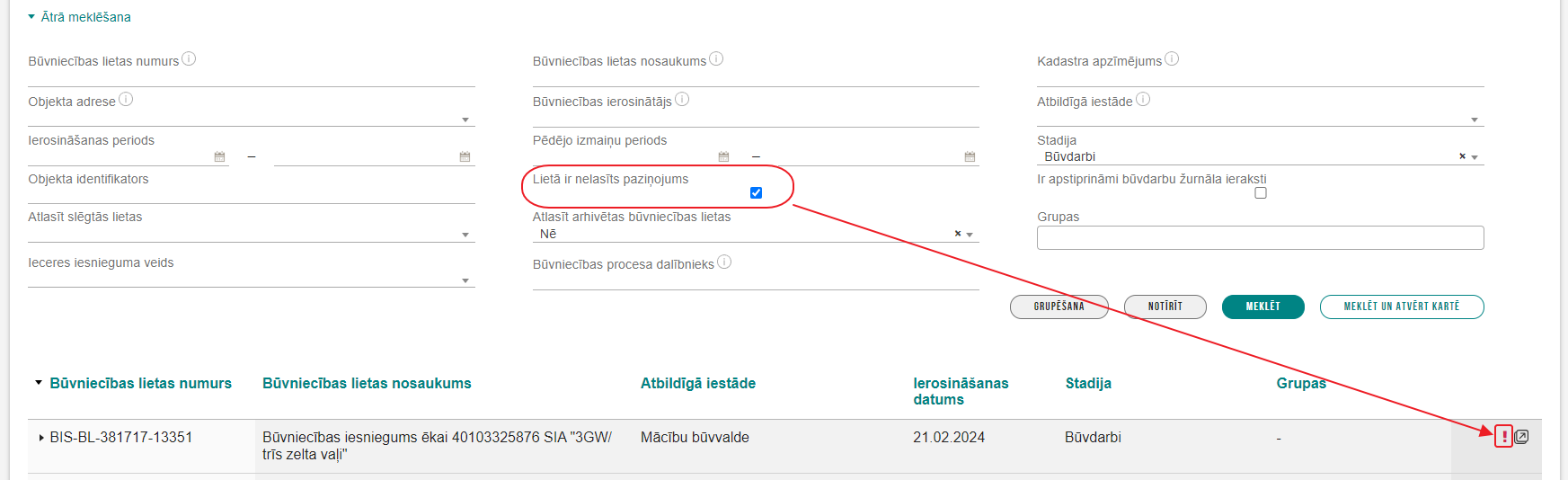 Attēls. Pazīme par nelasītiem paziņojumiem būvniecības lietā