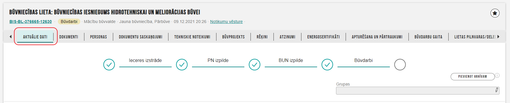 Attēls. Būvniecības lietas sadaļa “Aktuālie dati”