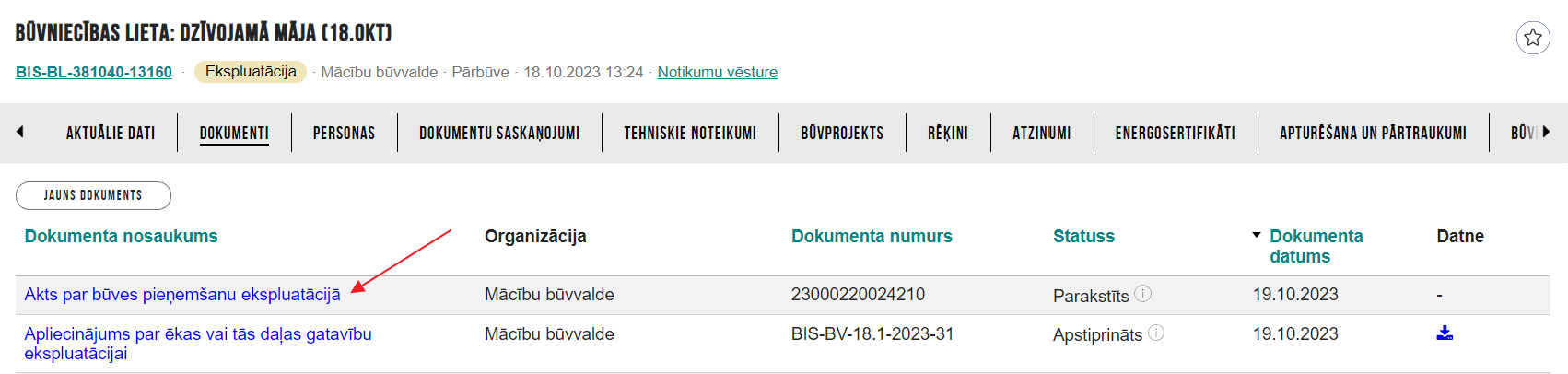 Attēls. %22Akts par ēkas pieņemšanu ekspluatācijā%22 atrādīšana būvniecības lietas dokumentu sarakstā.