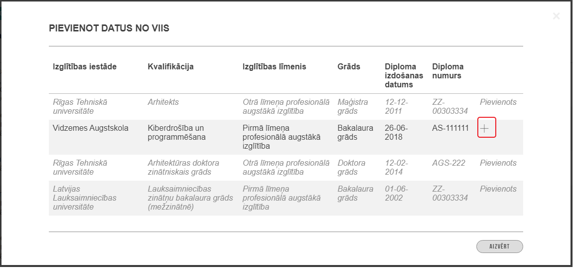 Attēls. Izglītības datu pievienošana no VIIS.