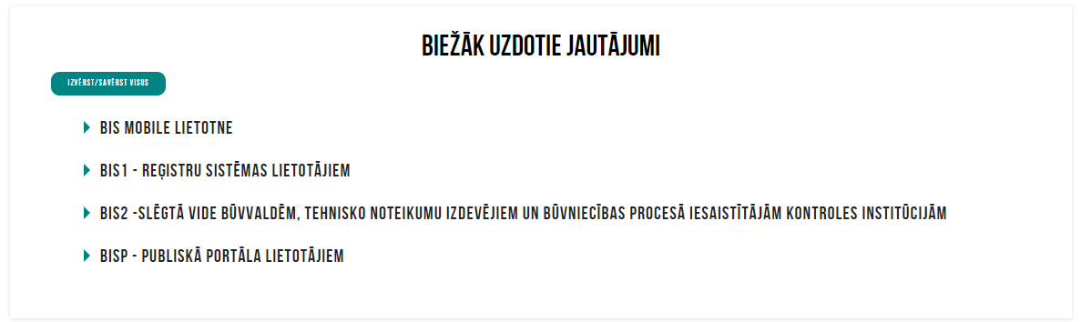 Attēls. Pilnais saraksts ar “Biežāk uzdotajiem jautājumiem”.