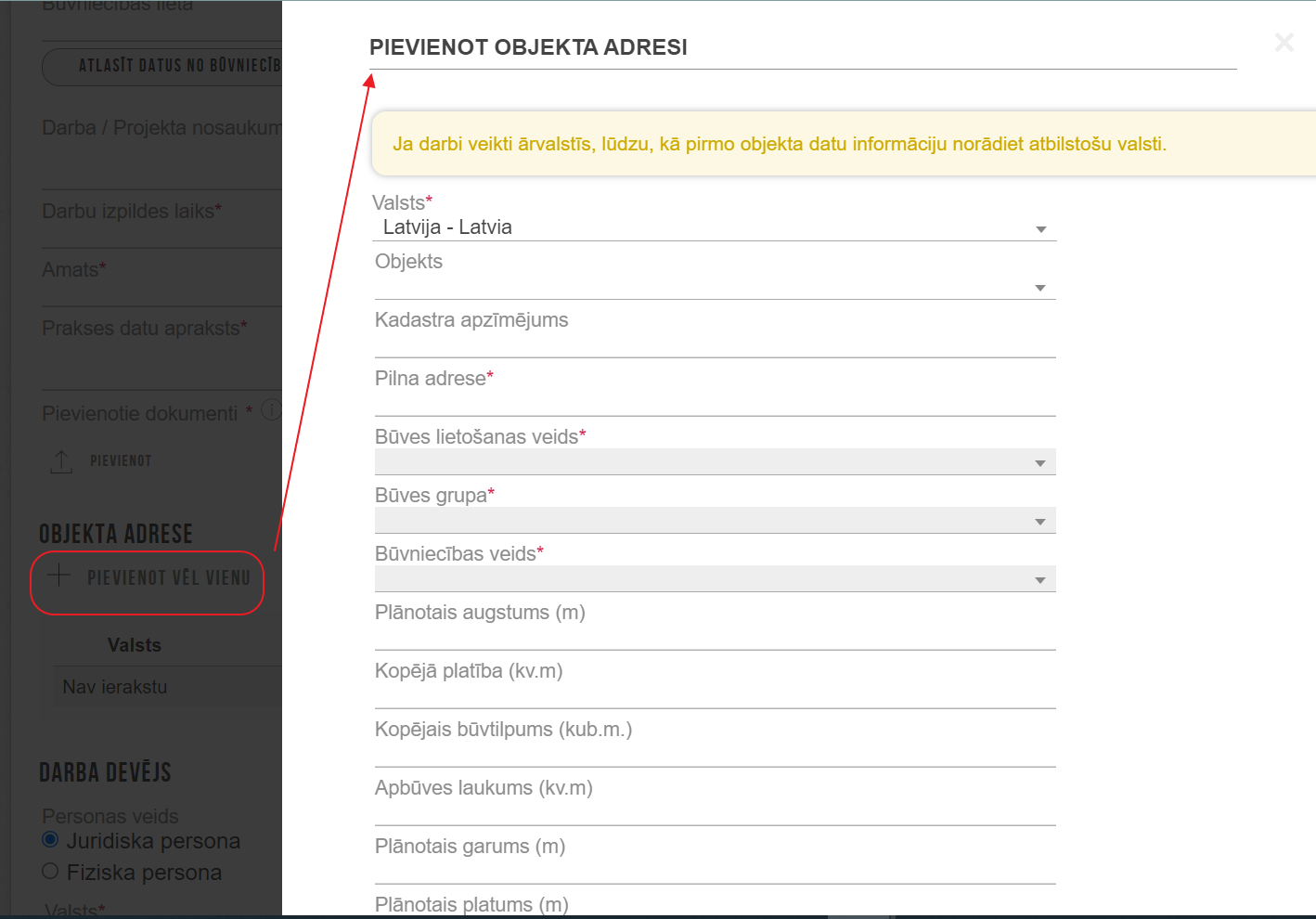 Attēls. Patstāvīgās prakses dati. Objekta adreses pievienošana