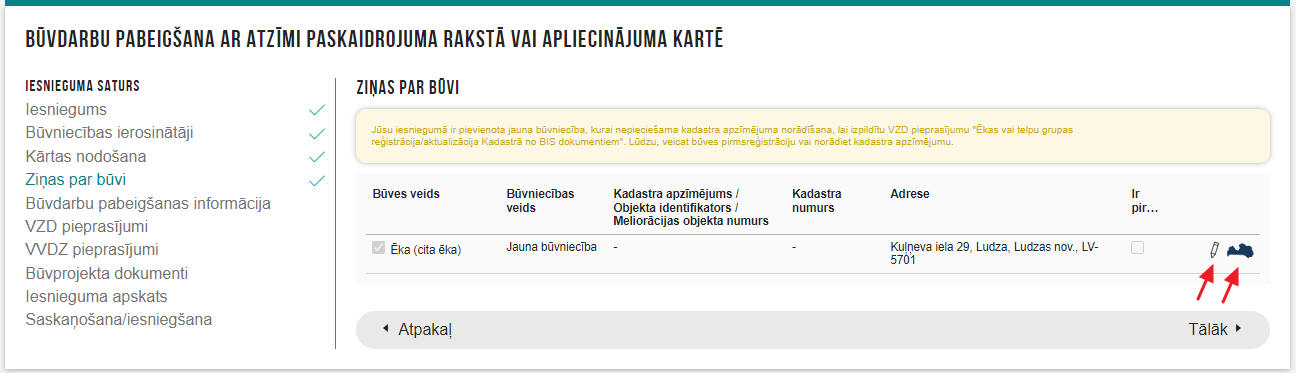 Attēls. Būves norādīšana kartē un datu papildināšanas iespēja.