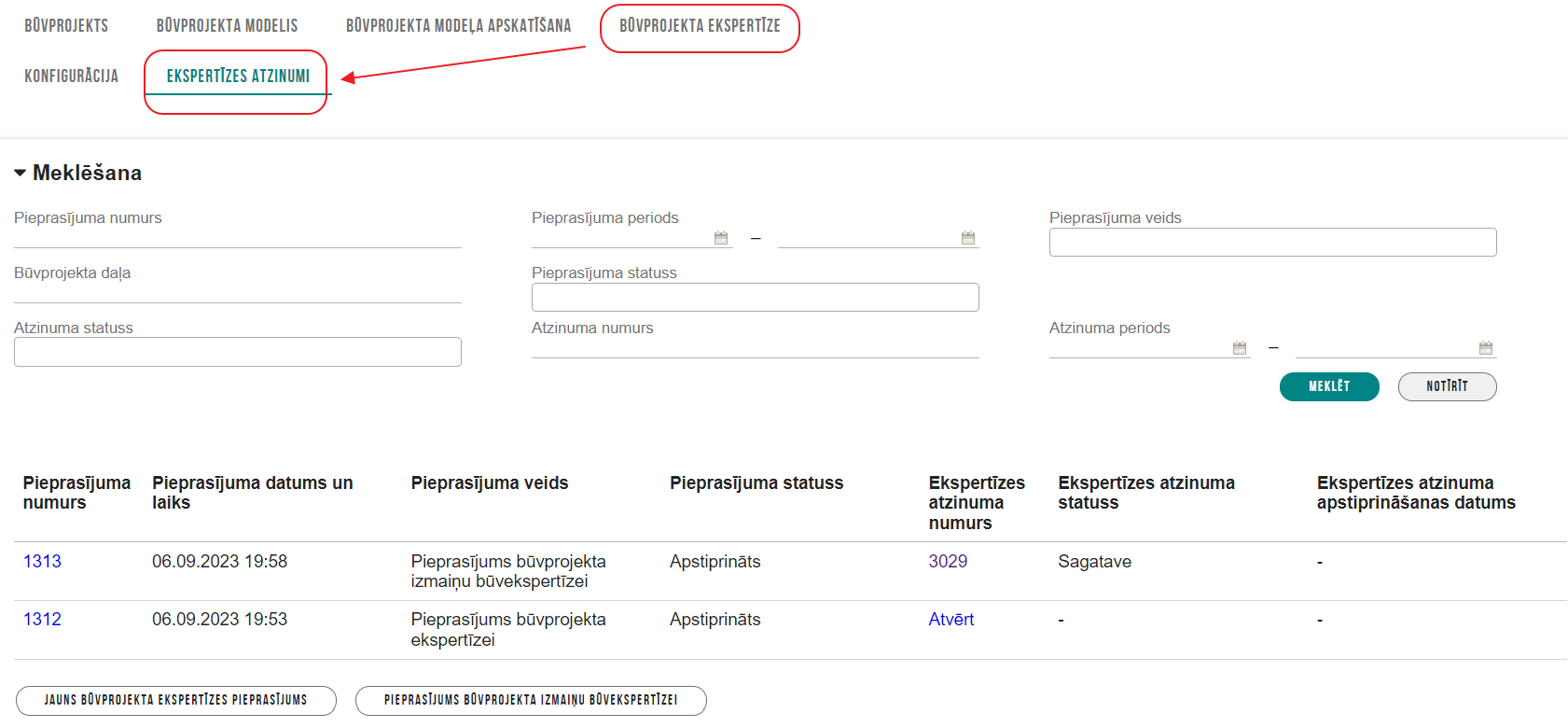 Attēls. Būvprojekta ekspertīzes šķirklis “Ekspertīzes atzinumi”