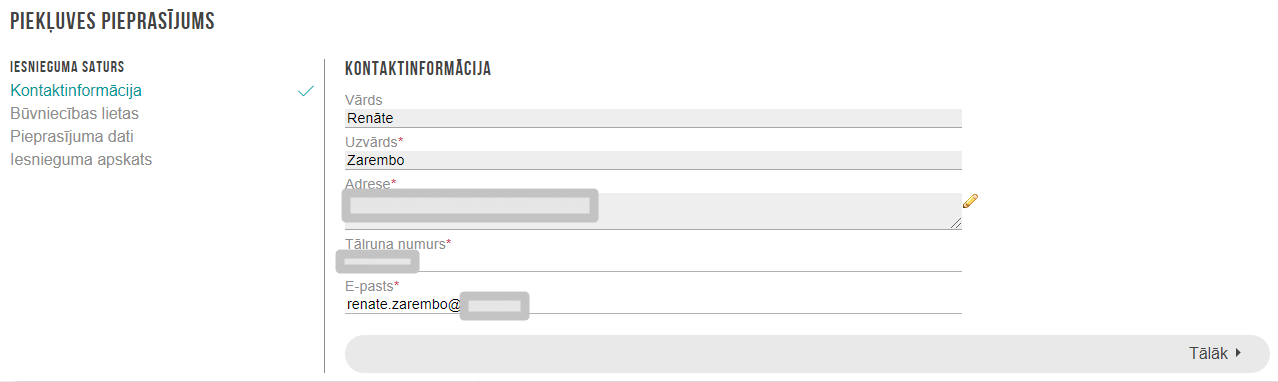 Attēls. Jauna piekļuves pieprasījuma solis %22Kontaktinformācija%22