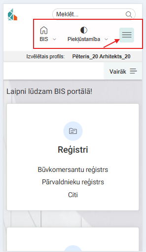 Attēls. Pieejamās ikonas galvenē mobilajā ekrānā.