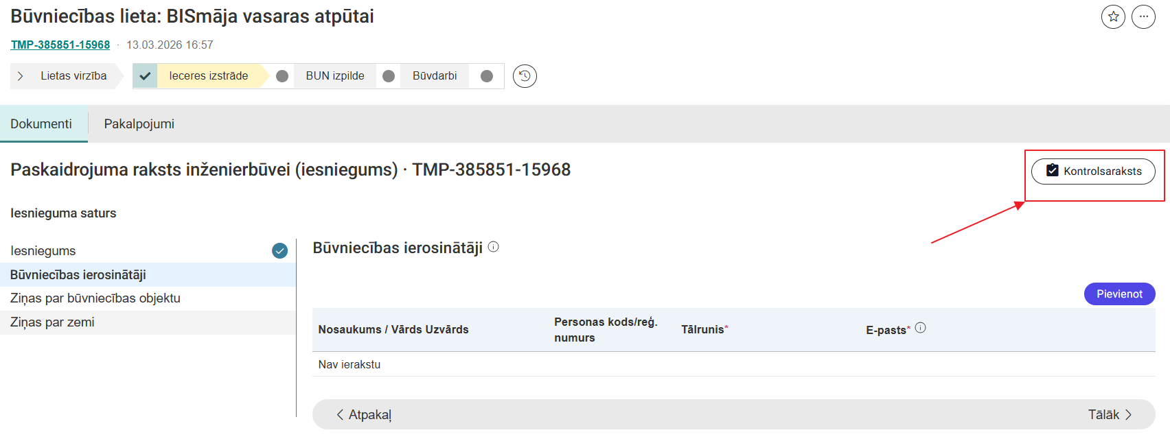 Attēls. Kontrolsaraksta atvēršana.