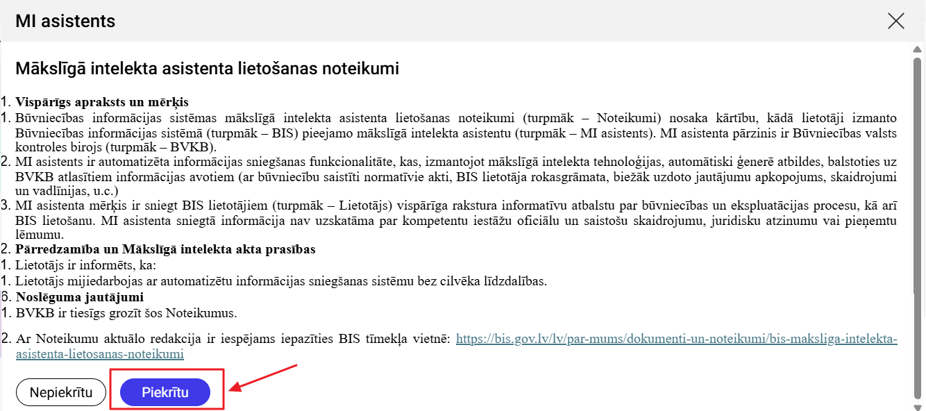 Attēls. MI asistenta noteikumu apstiprināšana