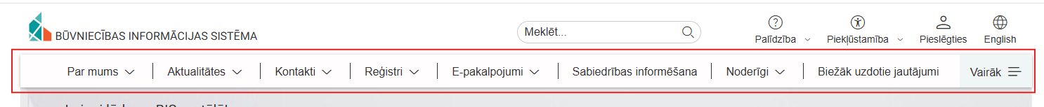 Attēls. BIS Mājas lapas sadaļu horizontālā navigācija.