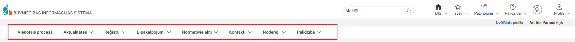 Attēls. Navigācijas josla virs galvenā paneļa %22Mana darba vieta%22.