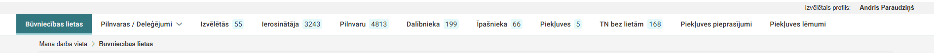 Attēls. Horizontālā navigācija sadaļām darbam ar būvniecības lietām.