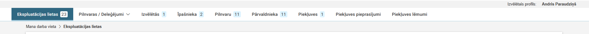 Attēls. Horizontālā navigācija sadaļām darbam ar ekspluatācijas lietām.