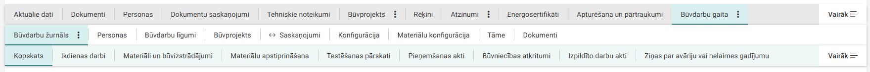 Attēls. Horizontālā navigācija apakšsadaļām Būvniecības lietā.