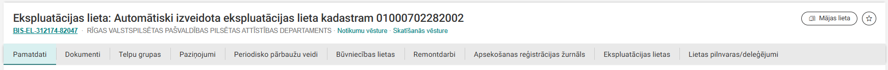 Attēls. Horizontālā navigācija apakšsadaļām Ekspluatācijas lietā