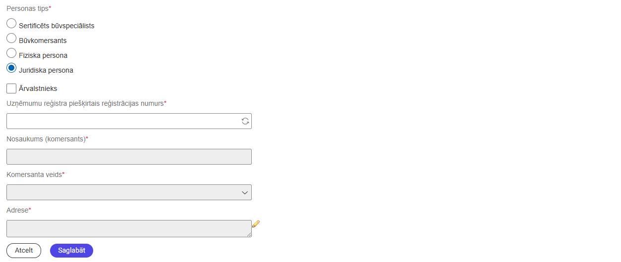 Attēls. Datu bloks. Juridiskas personas datu ievade.