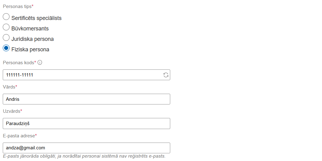 Attēls. Fiziskās personas norādīšanas ievades lauki.