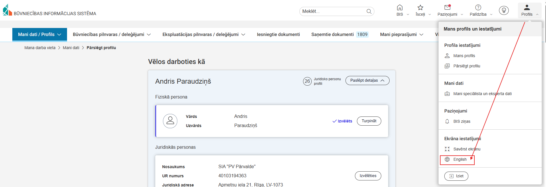 Attēls. BISP darba virsmas valodas izvēle