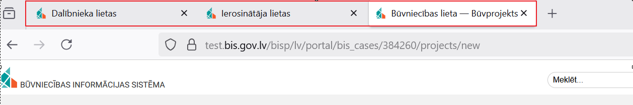 Attēls. Pārlūka ciļņa nosaukumi ar attiecīgo BIS sadaļu.