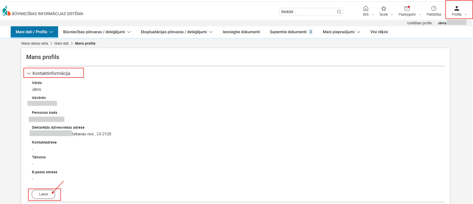 Attēls. Profila kontaktinformācijas labošana