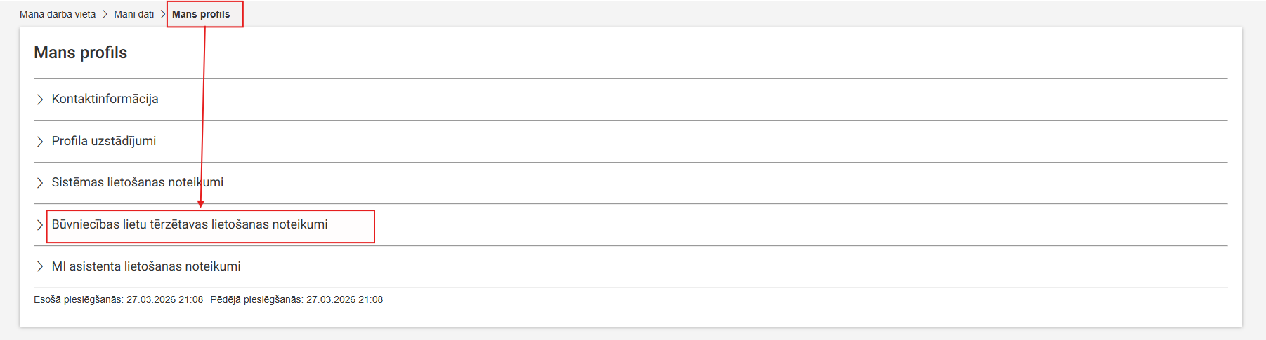 Attēls. Tērzētavas lietošanas noteikumi profilā.