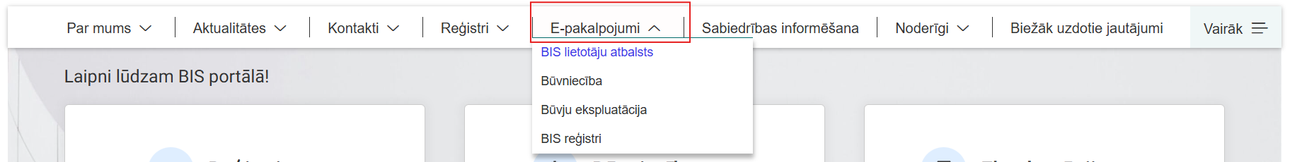 Attēls. Izvēlne 'e-pakalpojumi' portāla sākumlapā.