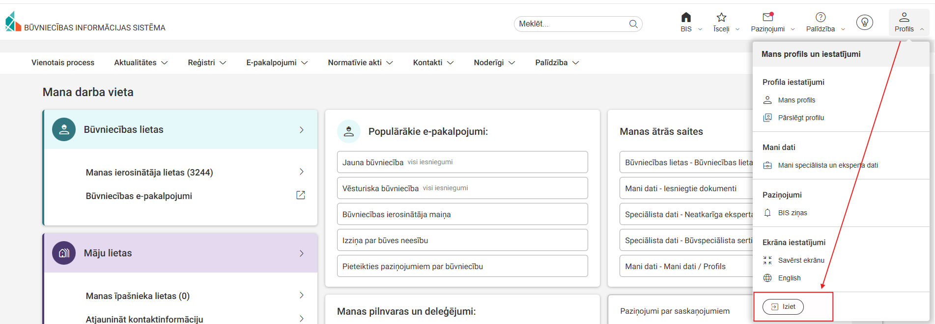 Attēls. Opcija iziet no sistēmas.