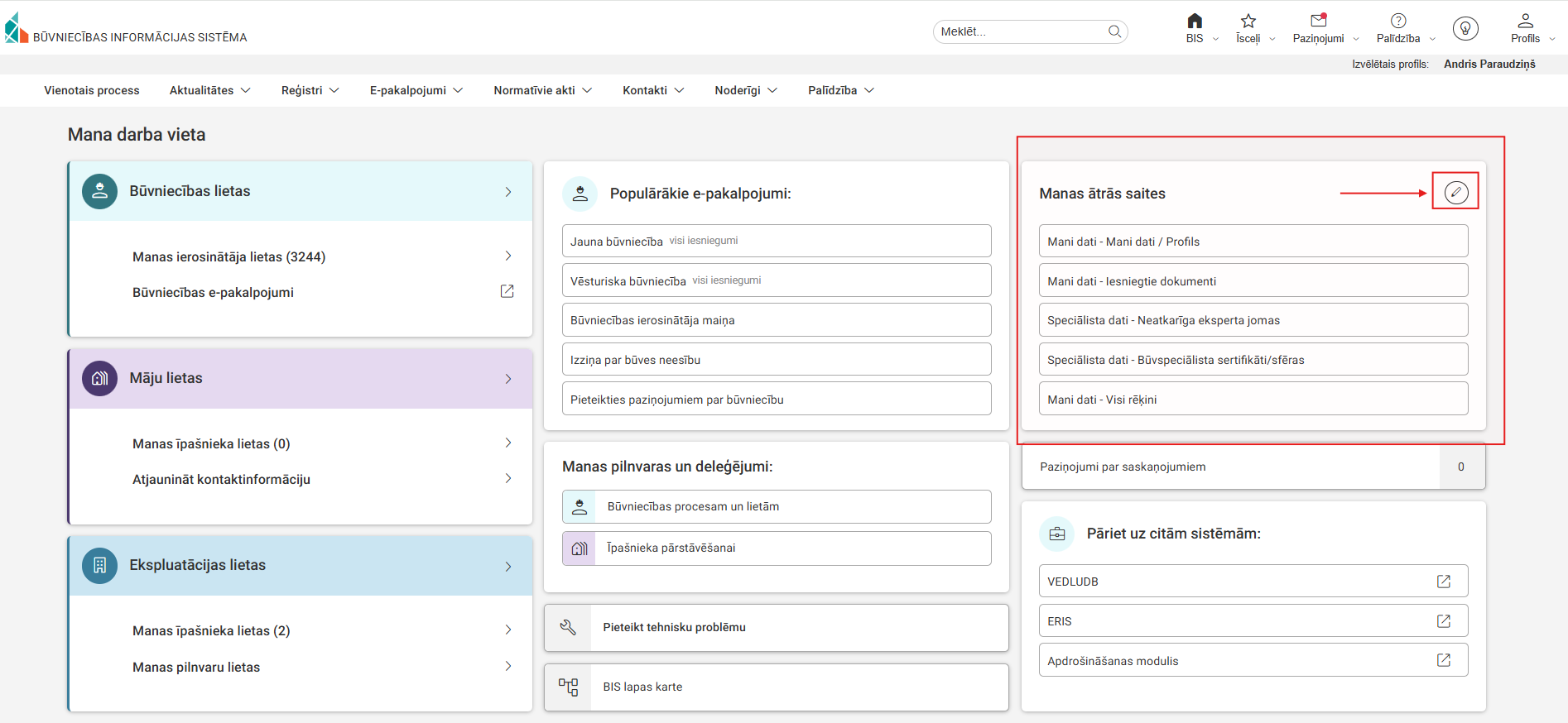 Attēls. Manas ātrās saites konfigurēšanas iespēja.