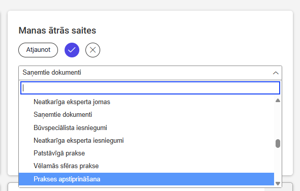 Attēls. Sadaļu izvēle ātro saišu konfigurācijā.
