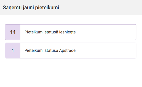 Attēls. Pārvaldnieka darba virsmas bloks %22Saņemti jauni pieteikumi%22.