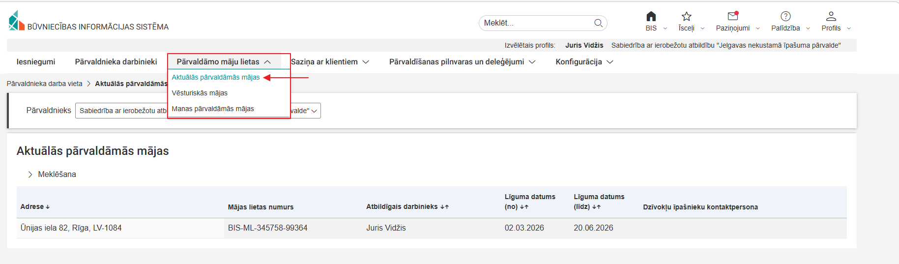 Attēls. Atvērt sadaļu %22Aktuālās pārvaldāmās mājas%22.
