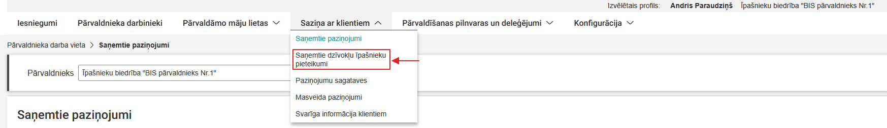 Attēls. Atvērt sadaļu Saņemtie dzīvokļu īpašnieku pieteikumi.