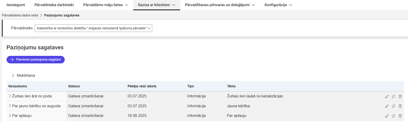 Attēls. Paziņojumu sagataves - saraksts.