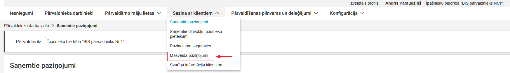 Attēls. Atvērt sadaļu Masveida paziņojumi.