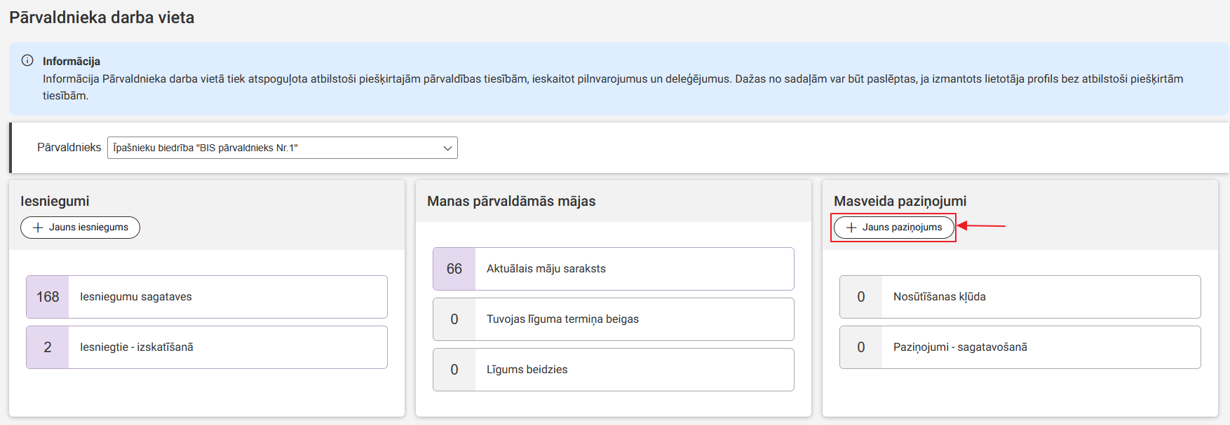 Attēls. Uzsākt veidot jaunu paziņojumu no Pārvaldnieka darba vietas darba virsmas.