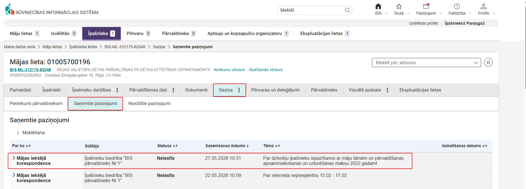 Attēls. Saņemtais paziņojums Īpašnieka mājas lietā.