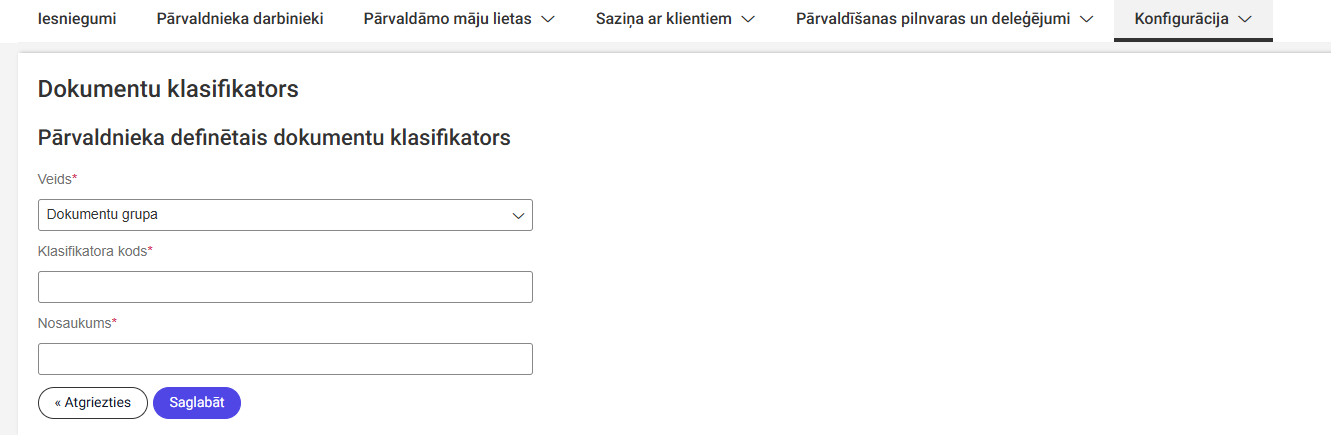 Attēls. Pievienot jaunu ierakstu. Pārvaldnieka definēto dokumentu klasifikators.