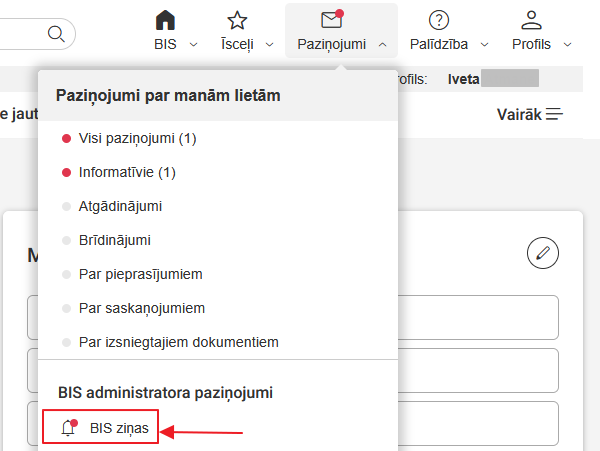 Attēls. BIS Administratora paziņojumi.