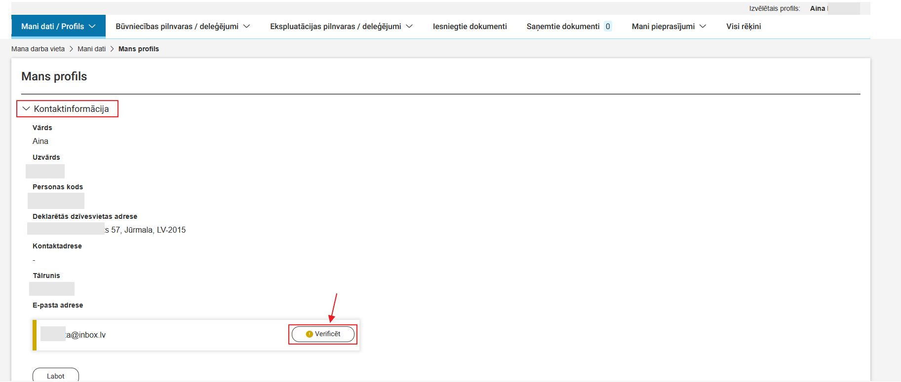 Attēls. Darbība “Verificēt e-pastu” fiziskas personas profilā.