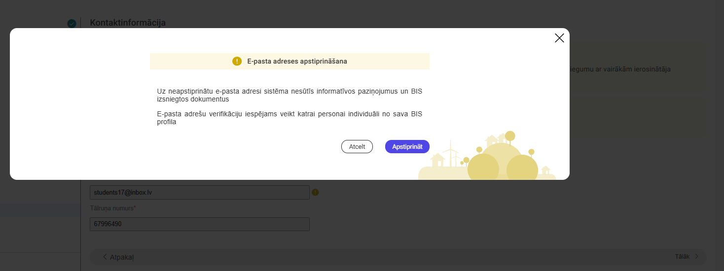 Attēls. Neverificēta e-pasta verifikācijas uzsākšana kontaktpersonai.