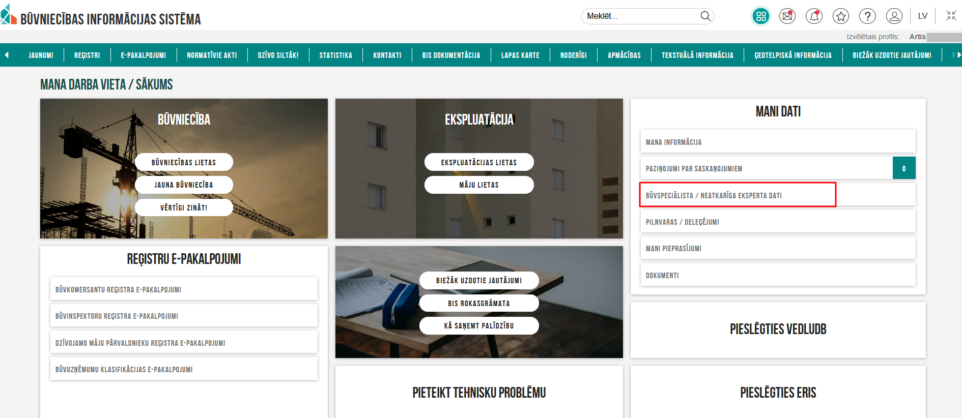 Attēls. %22Būvspeciālista/Neatkarīga eksperta%22 izvēlne sadaļā %22Mani dati%22.