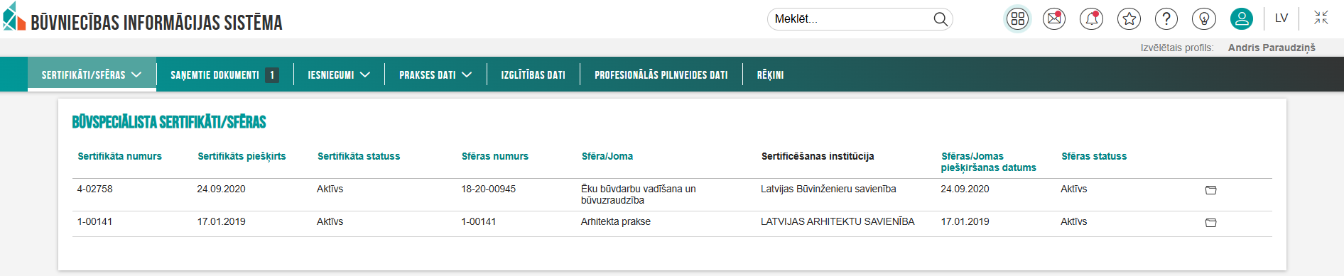 Attēls. Būvspeciālista sertifikātu/sfēru saraksts.