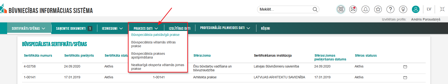 Attēls. Speciālista sadaļa %22Prakses dati%22.